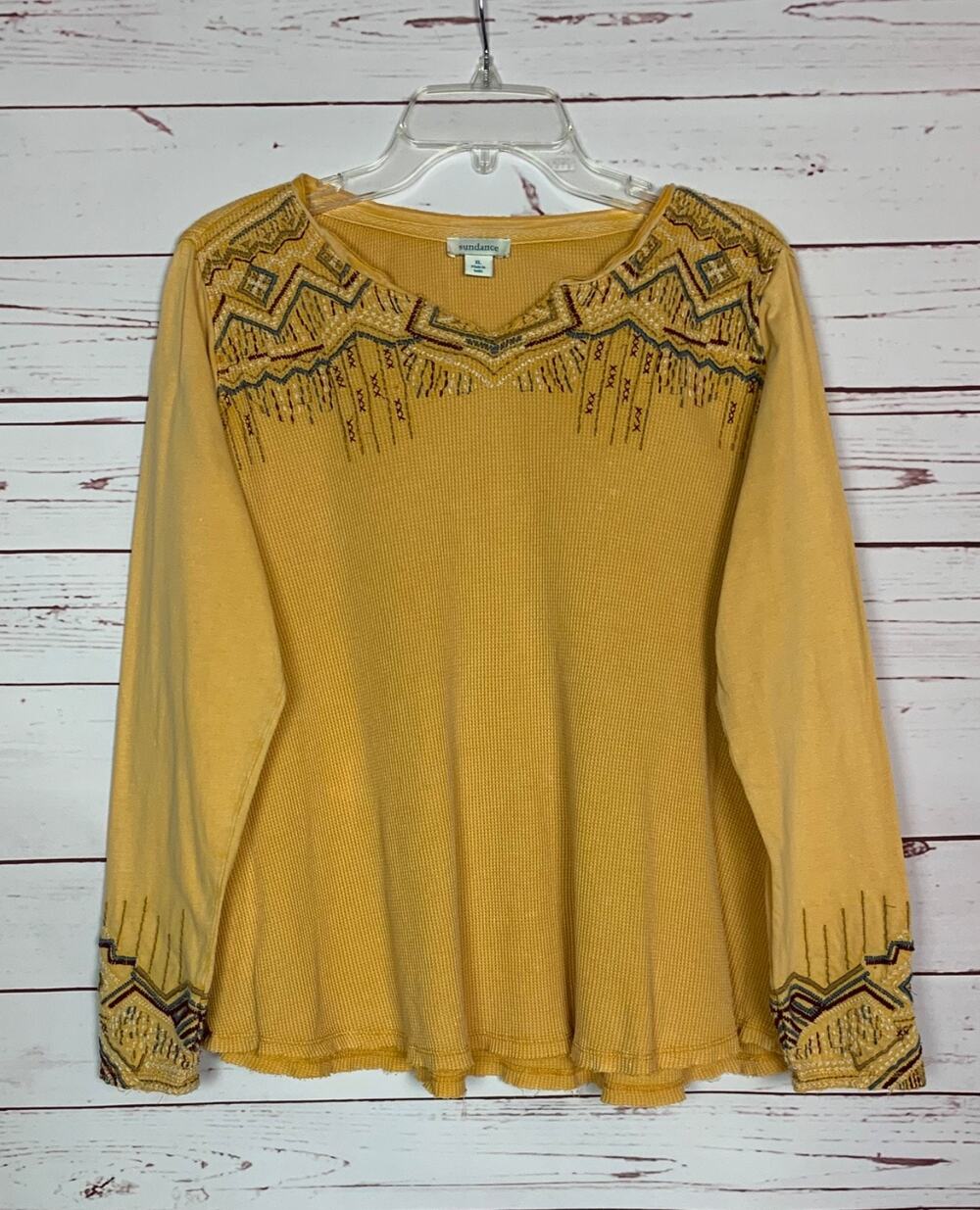 Sundance Women's XL Extra Large Mustard Yellow Embroidered Fall Long Sleeve Top
